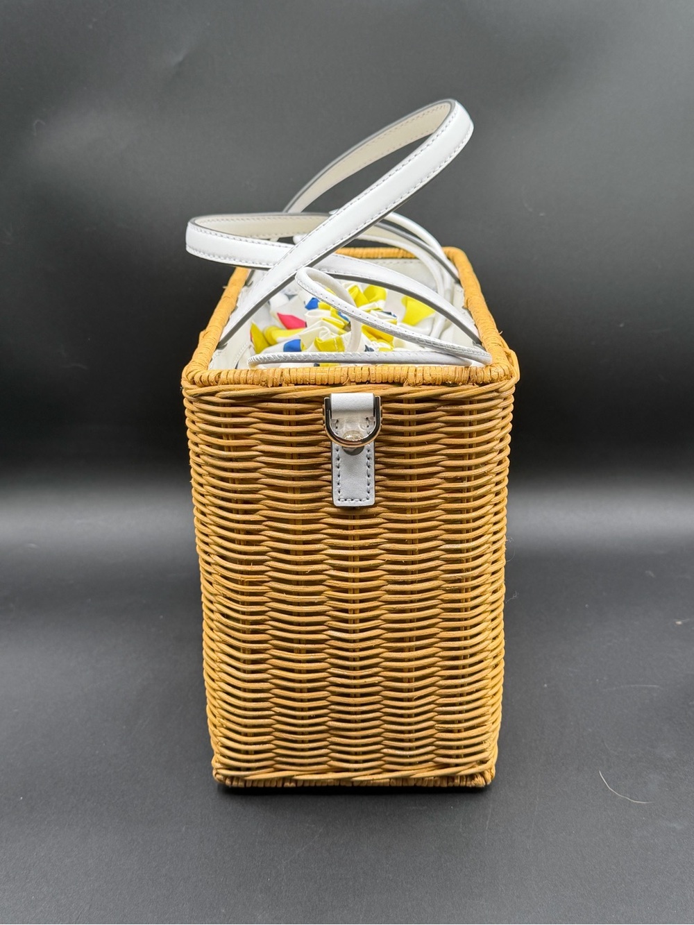 Kate Spade Wicker Basket Bag — Straw/Rattan with White Straps & Floral Lining - Picture 3 of 8